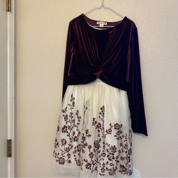 Knit Works Twist Popover red velvet Dress 2 piece ivory floral skirt formal 12 - Picture 2 of 11